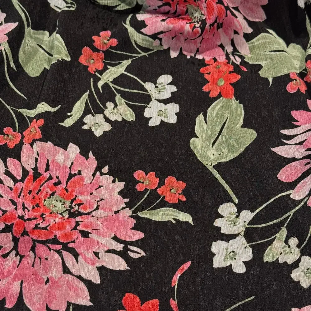 Draper James Sheer Floral Button Top Peasant Boho Cottagecore Romantic Black XL